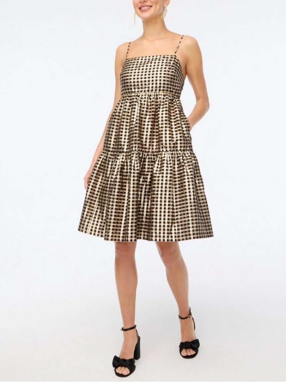 J. Crew Lurex Gold & Black Metallic Gingham Tiered Mini Dress Sz 20